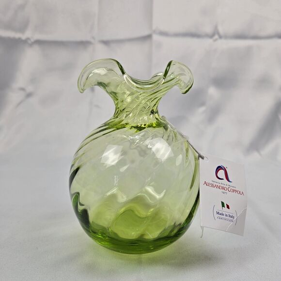 Alessandro Coppola Green Murano Scalloped Rim Glass Vase - Made In Italy - Picture 6 of 12